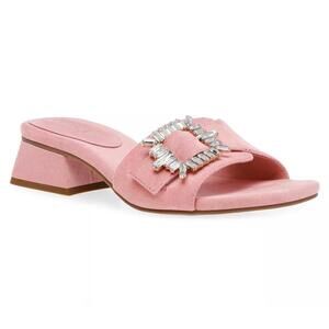 New Anne Klein Pink Suede Rhinestone Buckle Slide Sandals Block Heel Women’s